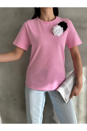 تی شرت صورتی زنانه یقه گرد رگولار تکی طراحی کد 820487276