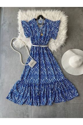 لباس آبی زنانه بافتنی ویسکون آستین-کوتاه کد 817175065