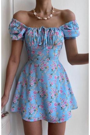 لباس آبی زنانه بافتنی طرح گلدار سوپر اسلیم فیت بند دار بیسیک کد 124853355