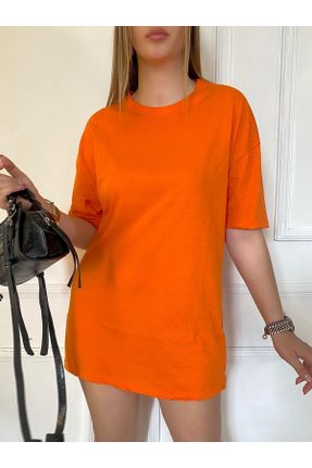 تی شرت نارنجی زنانه یقه گرد اورسایز پنبه (نخی) تکی کد 319821222
