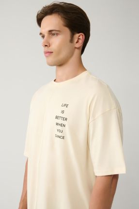 تی شرت بژ مردانه یقه گرد رگولار کد 833499295