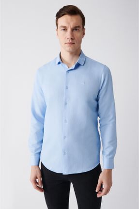 پیراهن آبی مردانه رگولار یقه پیراهنی پنبه (نخی) کد 684091247