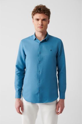 پیراهن آبی مردانه رگولار یقه پیراهنی پنبه (نخی) کد 673982993