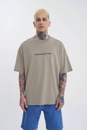 تی شرت خاکی مردانه یقه گرد سایز بزرگ پنبه (نخی) تکی کد 731750451