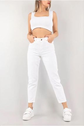 شلوار سفید زنانه جین پاچه ساده فاق بلند مام فیت کد 458038122