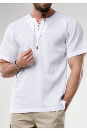 پیراهن سفید مردانه یقه هفت کتان رگولار کد 98505062