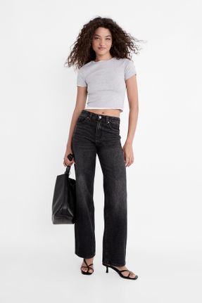 شلوار جین مشکی زنانه پاچه گشاد فاق بلند پنبه (نخی) ساده استاندارد کد 737915789