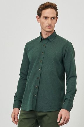 پیراهن سبز مردانه اسلیم فیت یقه پیراهنی فلانل کد 362703581