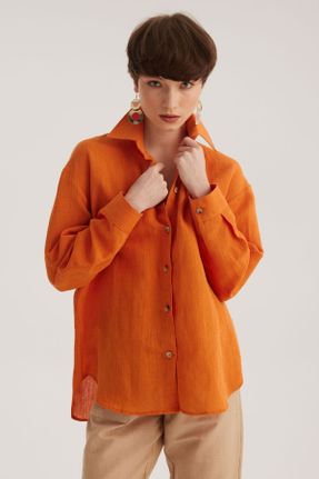 پیراهن نارنجی زنانه کتان یقه پیراهنی اورسایز کد 675115968