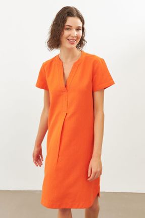 لباس نارنجی زنانه بافتنی کتان رگولار آستین-کوتاه کد 744810634