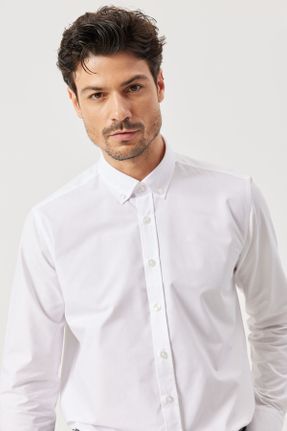 پیراهن سفید مردانه اسلیم فیت یقه پیراهنی پنبه (نخی) کد 635035780