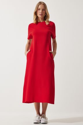لباس قرمز زنانه بافت پنبه - پلی استر - الاستن A-line آستین-کوتاه بیسیک کد 839489873