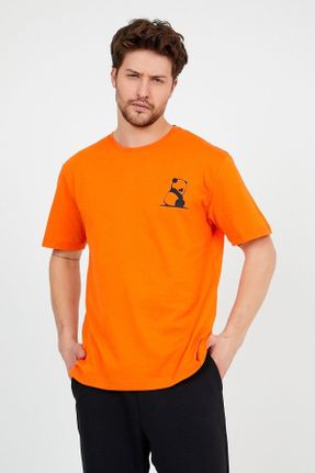 تی شرت نارنجی زنانه راحت یقه گرد تکی کد 309493263