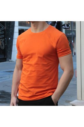 تی شرت نارنجی مردانه یقه گرد اسلیم فیت لیکرا تکی کد 74387653