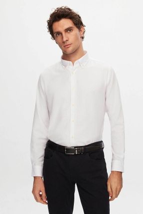 پیراهن سفید مردانه پنبه - پلی استر یقه دکمه دار اسلیم فیت کد 73417610