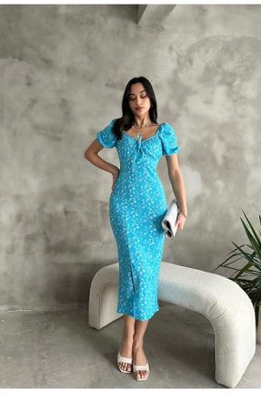 لباس آبی زنانه بافتنی پنبه - پلی استر - الاستن طرح گلدار اسلیم فیت آستین-کوتاه کد 815369398