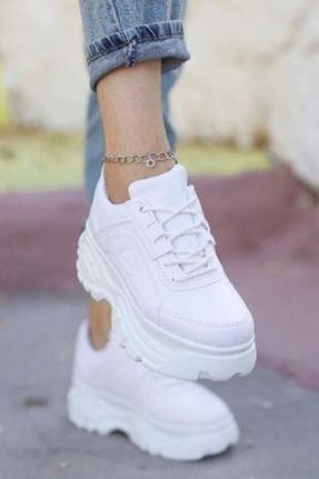 کفش اسنیکر سفید زنانه بند دار چرم مصنوعی کد 33513293