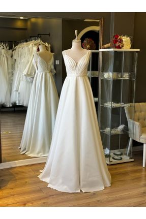 لباس عروس سفید زنانه یقه هفت آستر دار کد 828603338