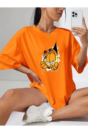 تی شرت نارنجی زنانه اورسایز یقه گرد پنبه - پلی استر تکی جوان کد 839629117