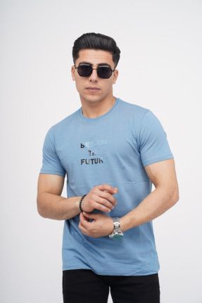 تی شرت آبی مردانه اسلیم فیت لیکرا یقه گرد تکی پوشاک ورزشی کد 826139592