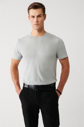 تی شرت طوسی مردانه رگولار یقه گرد پنبه (نخی) تکی کد 316943466