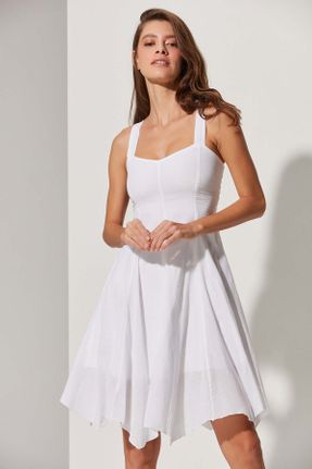 لباس سفید زنانه بافتنی آسیمتریک بند دار کد 332024234
