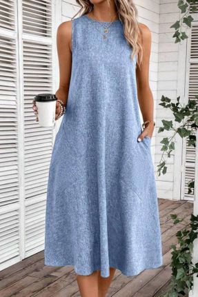 لباس آبی زنانه بافتنی مخلوط کتان رگولار بیسیک کد 833979459