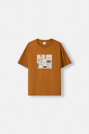 تی شرت نارنجی مردانه باکسی یقه دگاژه پنبه (نخی) کد 839617065