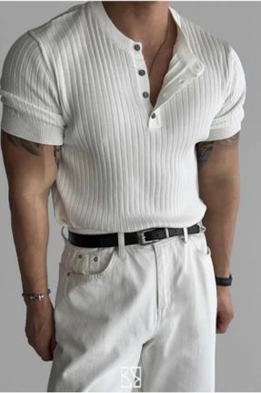 تی شرت سفید مردانه اسلیم فیت یقه قاضی پنبه (نخی) تکی بیسیک کد 839649832