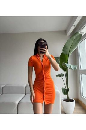 لباس نارنجی زنانه بافت پنبه - پلی استر اسلیم آستین-کوتاه کد 818564449
