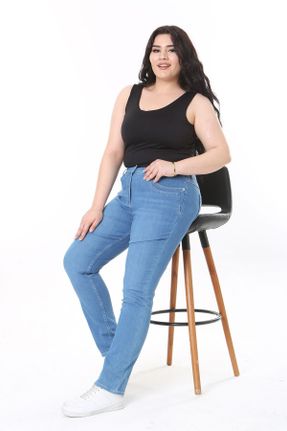 شلوار جین سایز بزرگ آبی زنانه فاق بلند قد اورجینال کد 828767337