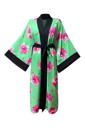 کیمونو سبز زنانه پنبه - پلی استر بافتنی طرح گلدار بلند کد 314171053
