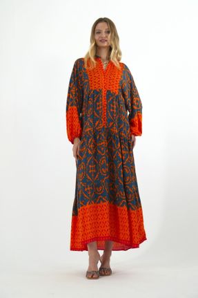 لباس نارنجی زنانه پنبه (نخی) اورسایز آستین-بلند بیسیک کد 804782886