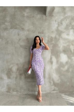 لباس بنفش زنانه بافتنی پنبه - پلی استر - الاستن طرح گلدار اسلیم فیت آستین-کوتاه کد 833041023