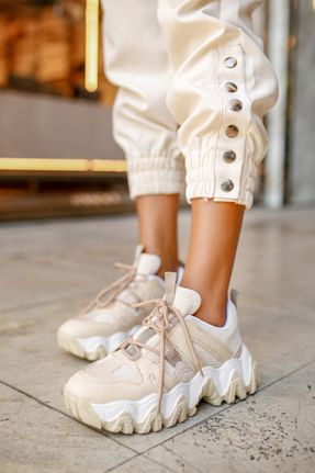 کفش اسنیکر بژ زنانه بند دار MYPOPPİSHOES - کد 51270964