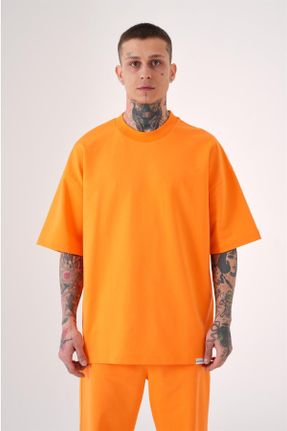 تی شرت نارنجی مردانه اورسایز یقه گرد پنبه (نخی) تکی کد 708933663