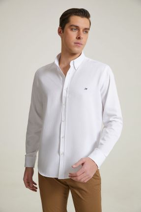 پیراهن سفید مردانه پنبه - پلی استر یقه پیراهنی اسلیم فیت کد 73416716