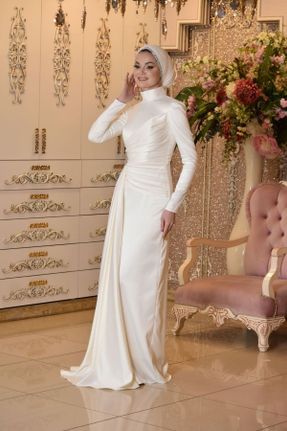 لباس مجلسی سفید زنانه یقه اسکی ساتن کد 689178263