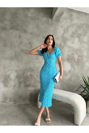 لباس آبی زنانه بافتنی پنبه - پلی استر - الاستن طرح گلدار اسلیم فیت آستین-کوتاه کد 815369398