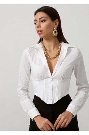 پیراهن سفید زنانه یقه پیراهنی تریکتون اورسایز کد 350128707