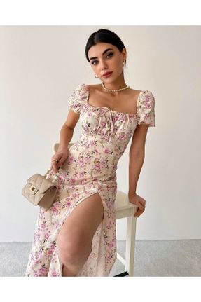 لباس بژ زنانه بافتنی پلی استر طرح گلدار بند دار بیسیک کد 274577619