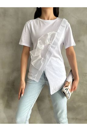 تی شرت سفید زنانه ریلکس یقه گرد تکی طراحی کد 830114519