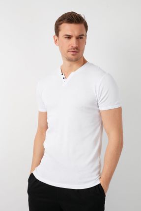 تی شرت سفید مردانه اسلیم فیت یقه هفت پنبه (نخی) تکی کد 86794547