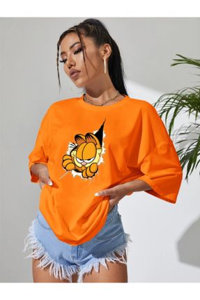تی شرت نارنجی زنانه اورسایز یقه گرد پنبه - پلی استر تکی جوان کد 839629117