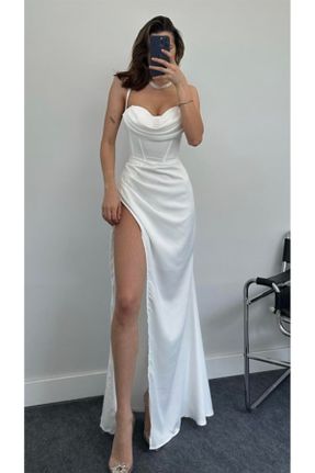 لباس مجلسی سفید زنانه رگولار یقه دگاژه آستر دار کد 812942970
