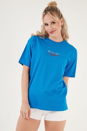 تی شرت آبی زنانه اورسایز یقه گرد کد 757402904