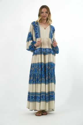 لباس آبی زنانه پنبه (نخی) اورسایز آستین-بلند بیسیک کد 816197367