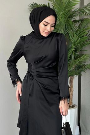 لباس مجلسی مشکی زنانه یقه گرد ساتن آستین استاندارد رگولار کد 632024917