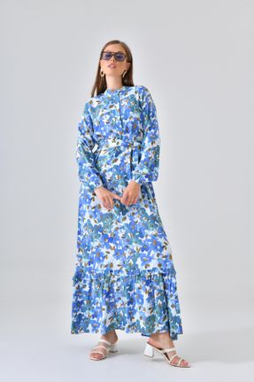 لباس آبی زنانه بافتنی ویسکون طرح گلدار رگولار آستین-بلند کد 695755403