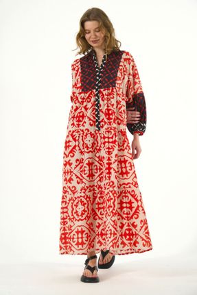 لباس قرمز زنانه پنبه (نخی) اورسایز آستین-بلند بیسیک کد 816209169